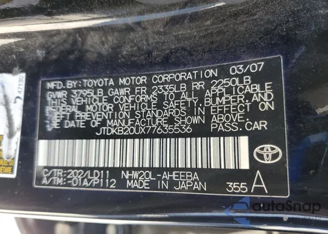 2007 Toyota Prius from USA, damaged, VIN JTDKB20UX77635536